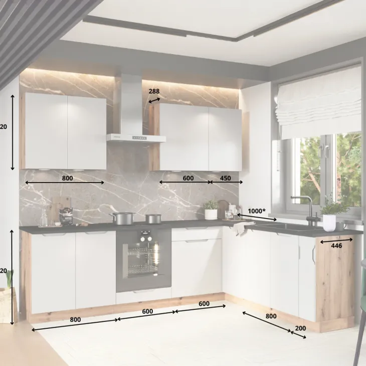 Cucina angolare 260x200cm completa componibile moderna grigio chiaro Etrax