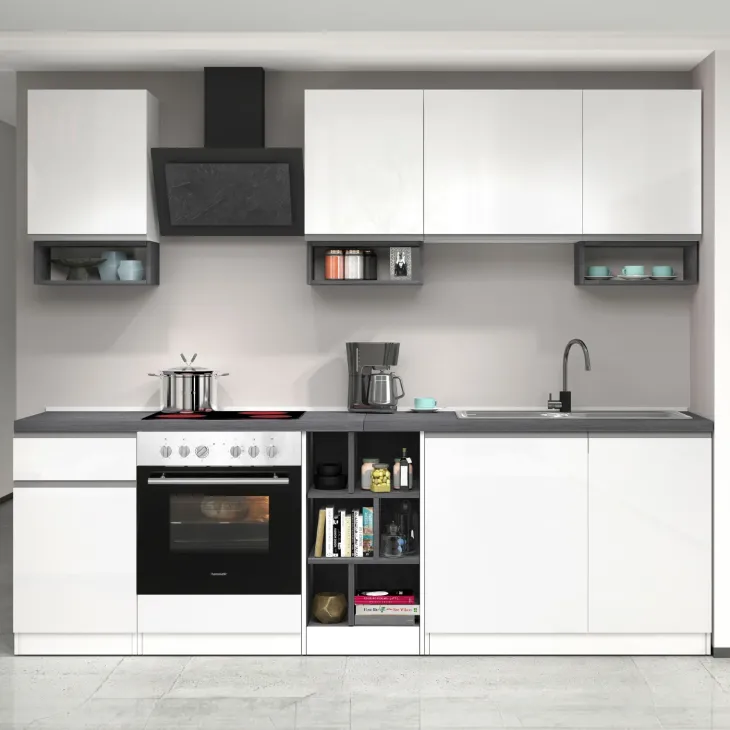 Cucina 255cm componibile lineare moderna bianco grigio pietra Gourmet Elegance