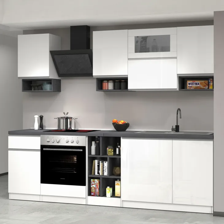 Cucina 255cm componibile lineare moderna bianco grigio pietra Gourmet Pure