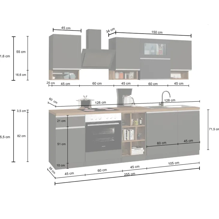Cucina 255cm componibile lineare moderna antracite rovere Gourmet Pure