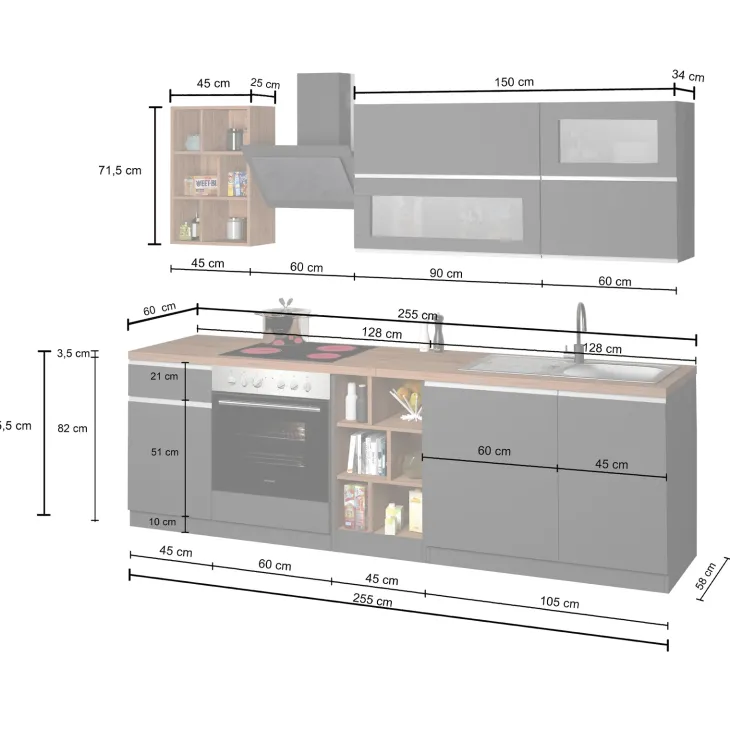 Cucina 255cm componibile lineare moderna bianco rovere Gourmet Prestige
