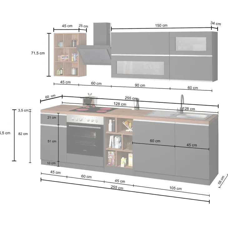 Cucina 255cm componibile lineare moderna bianco grigio pietra Gourmet Prestige