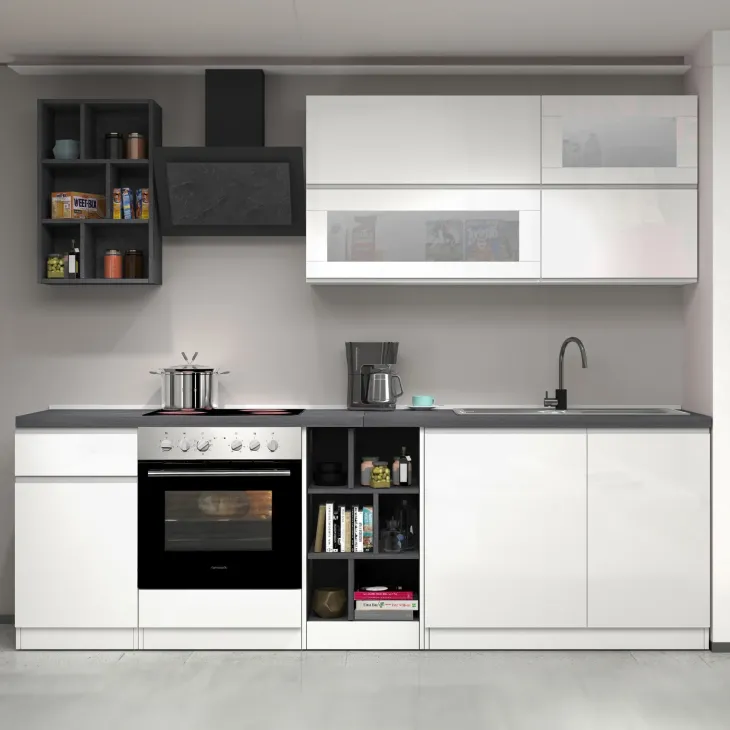 Cucina 255cm componibile lineare moderna bianco grigio pietra Gourmet Prestige
