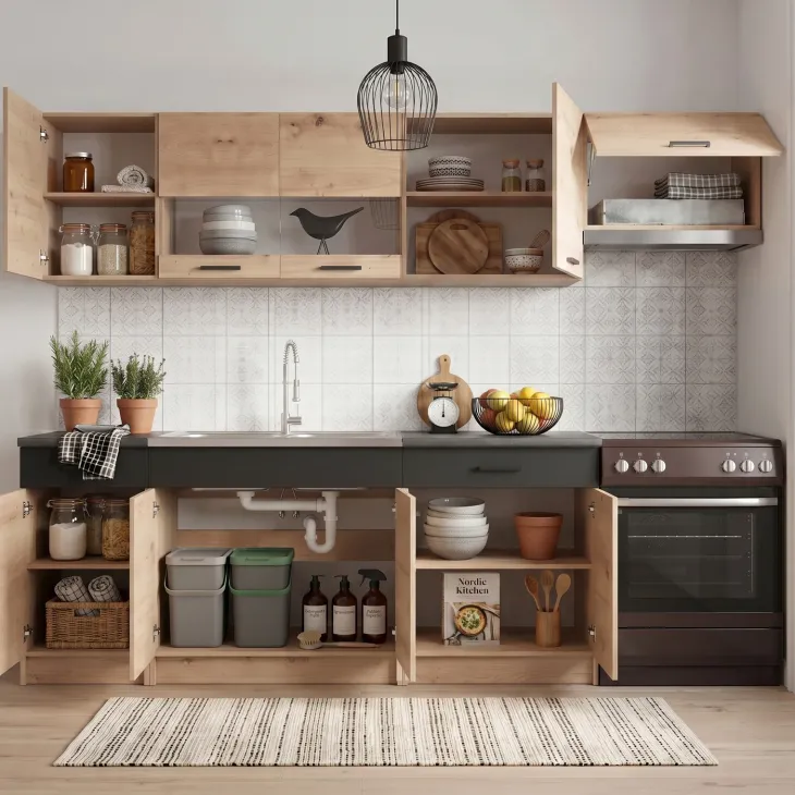 Cucina 240cm moderna lineare grigio rovere Erika