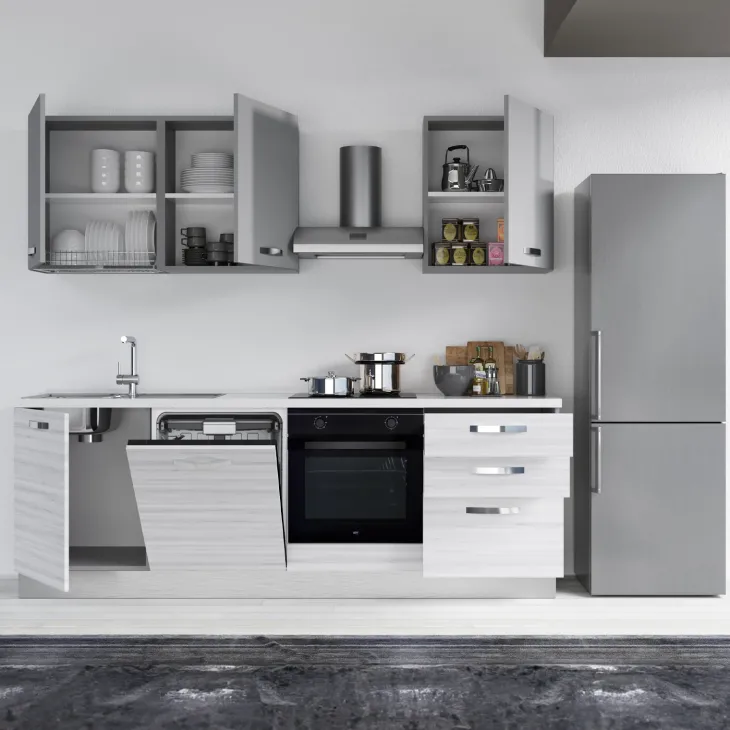 Cucina 240cm reversibile moderna lineare bianco frassinato grigio CookArt