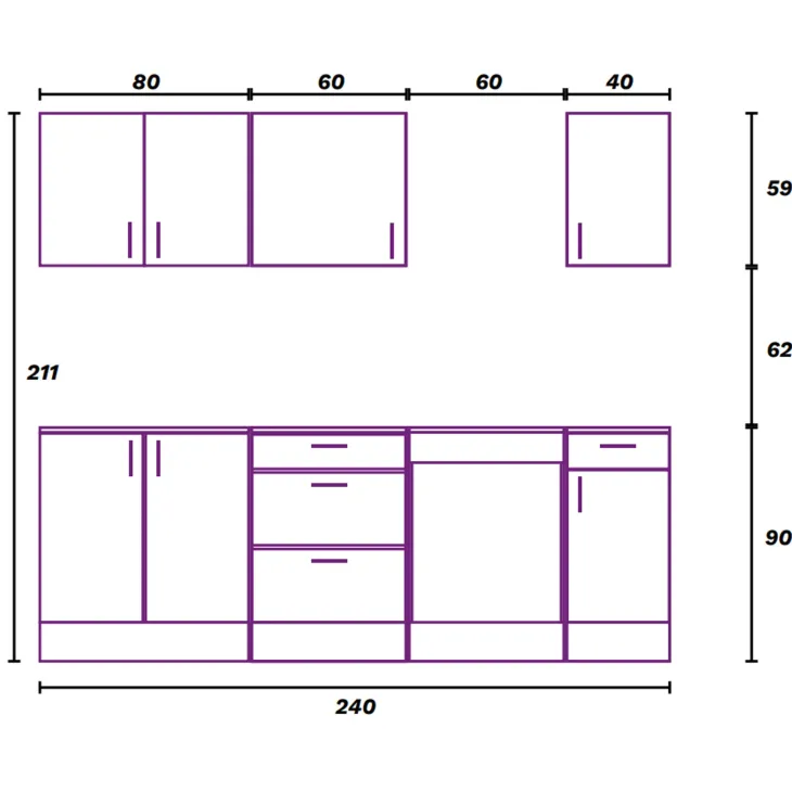 Cucina completa lineare 240 cm componibile bianco lucido rovere Kimera 2