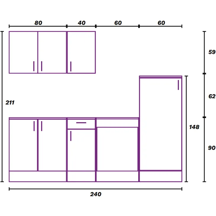 Cucina completa lineare 240 cm componibile bianco lucido rovere Kimera 1