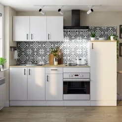 Cucina completa lineare 240 cm componibile bianco lucido rovere Kimera 1