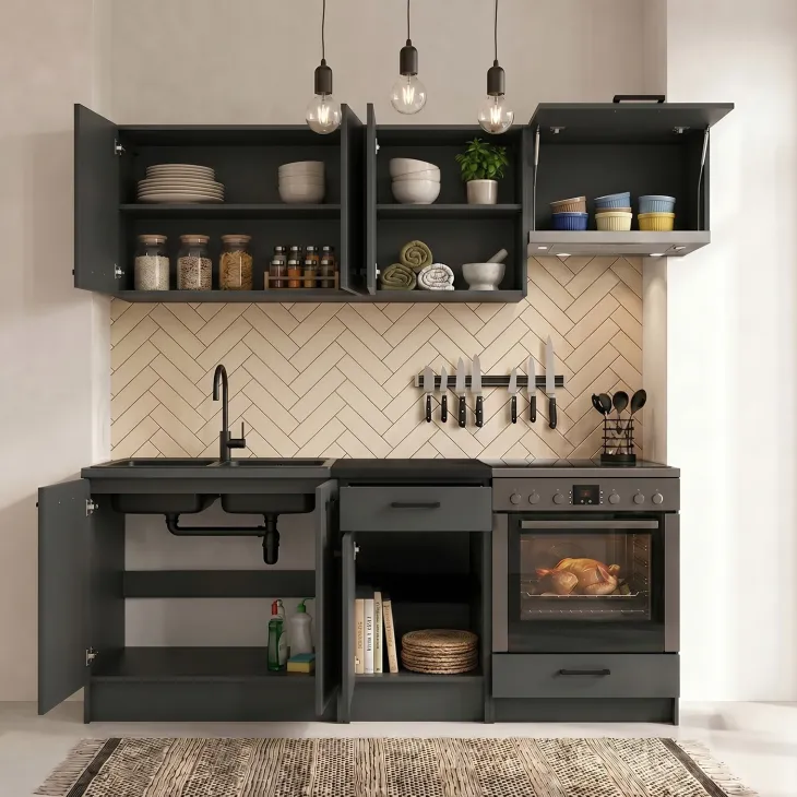 Cucina lineare 180cm completa componibile moderna con vano forno antracite Dalia