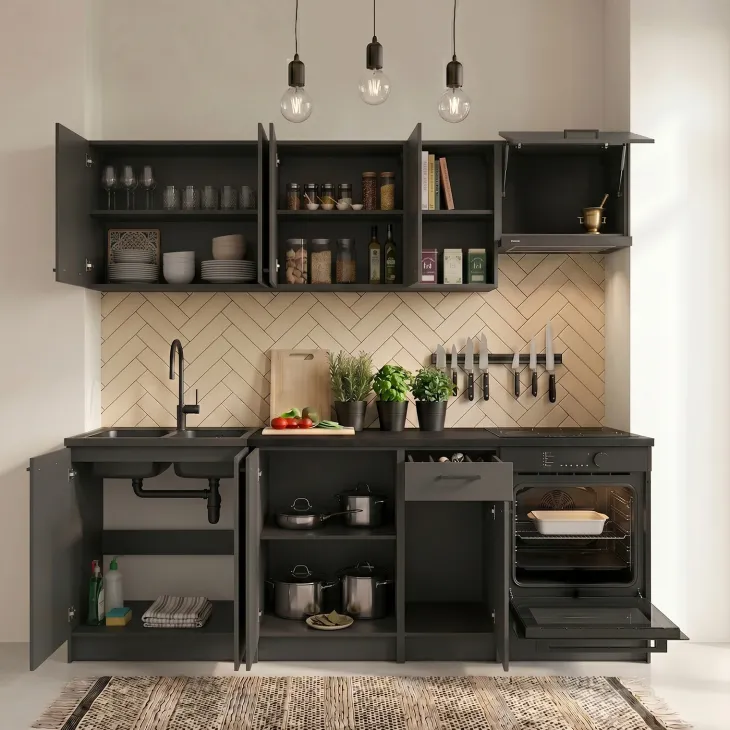Cucina lineare 240cm completa componibile moderna con vano forno antracite Dalia