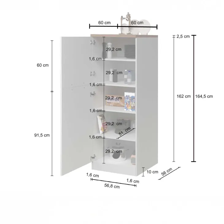 Dispensa cucina 60x165h cm 4 ripiani bianco grigio pietra Gourmet
