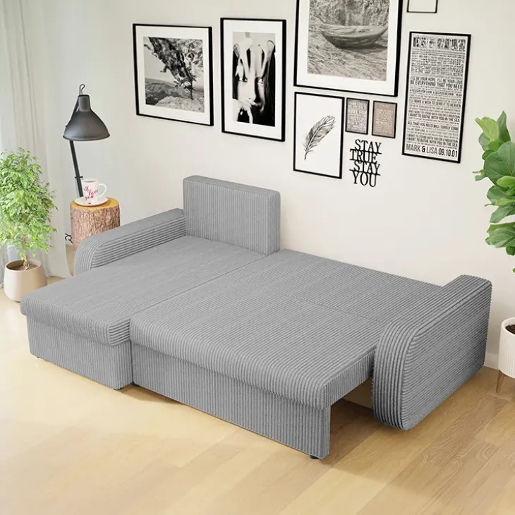 Divano angolare letto reversibile 238x147cm 3 posti velluto a coste grigio Flow