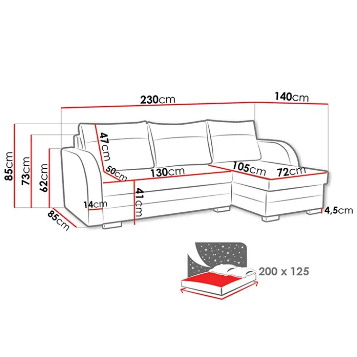 Divano angolare letto reversibile 230x140cm 3 posti grigio chiaro nero Metz