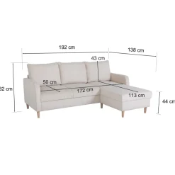 Divano angolare reversibile 198x142cm tessuto a coste bianco perla Chicca