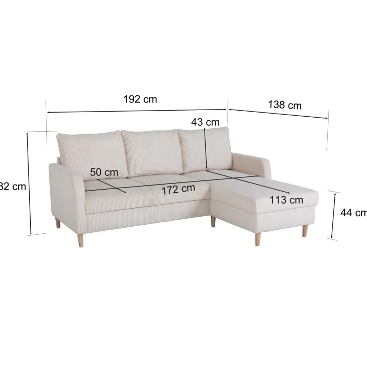 Divano angolare reversibile 198x142cm tessuto a coste bianco perla Chicca