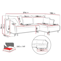 Divano letto angolare destro 3 posti 276x158cm tessuto blu Angle
