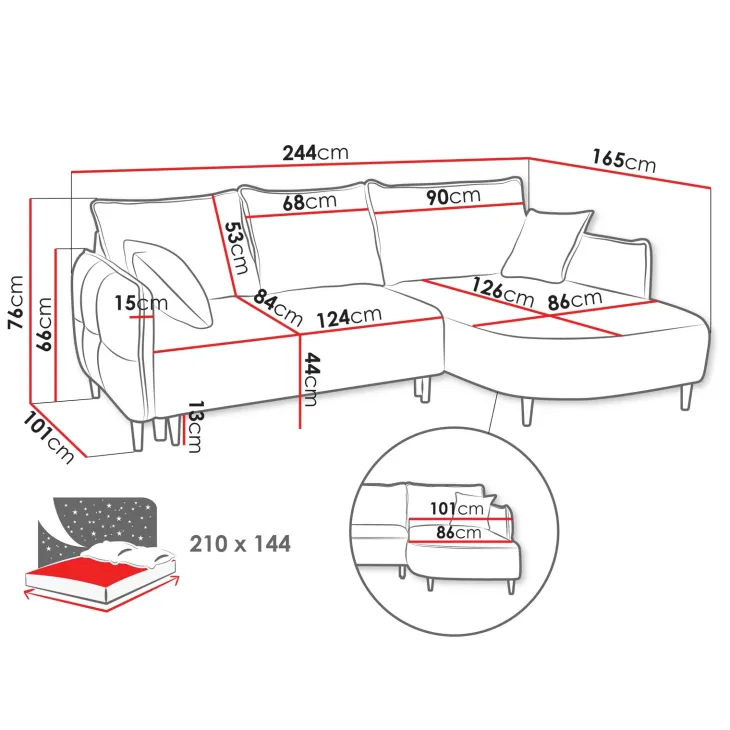 Divano letto angolare 3 posti 244x165cm tessuto grigio antracite Lollypop
