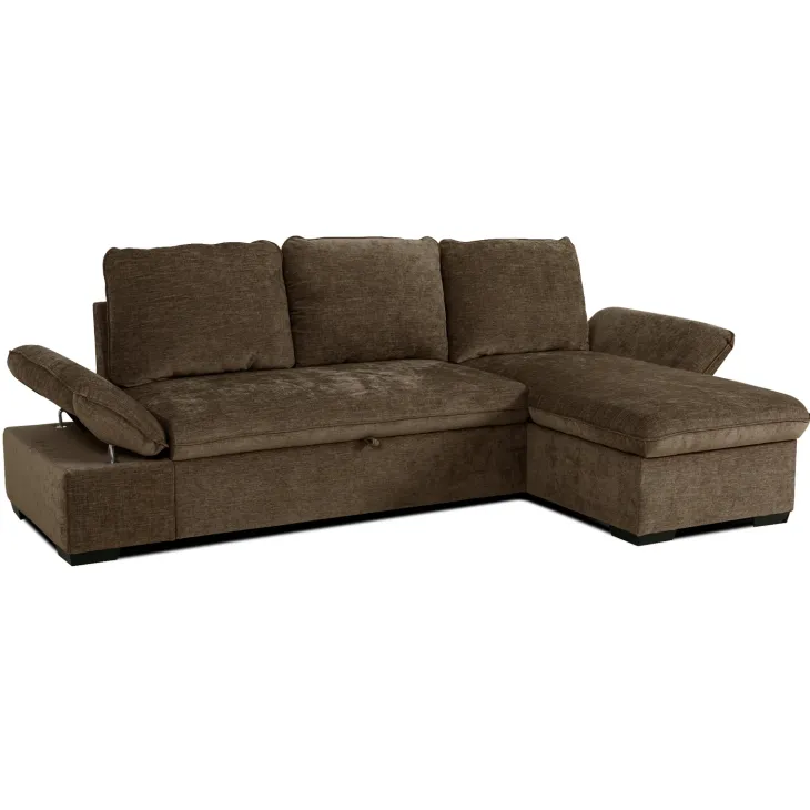 Divano letto angolare reversibile 260x148cm con vano contenitore tessuto marrone Arturo