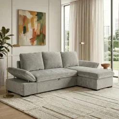 Divano letto angolare reversibile 260x148cm con vano contenitore tessuto grigio Arturo
