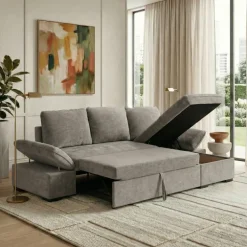 Divano letto angolare reversibile 260x148cm con vano contenitore tessuto grigio Arturo