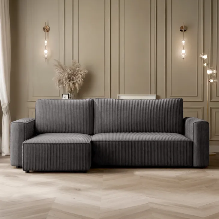 Divano letto angolare reversibile 243x142cm velluto a coste antracite Ofelia