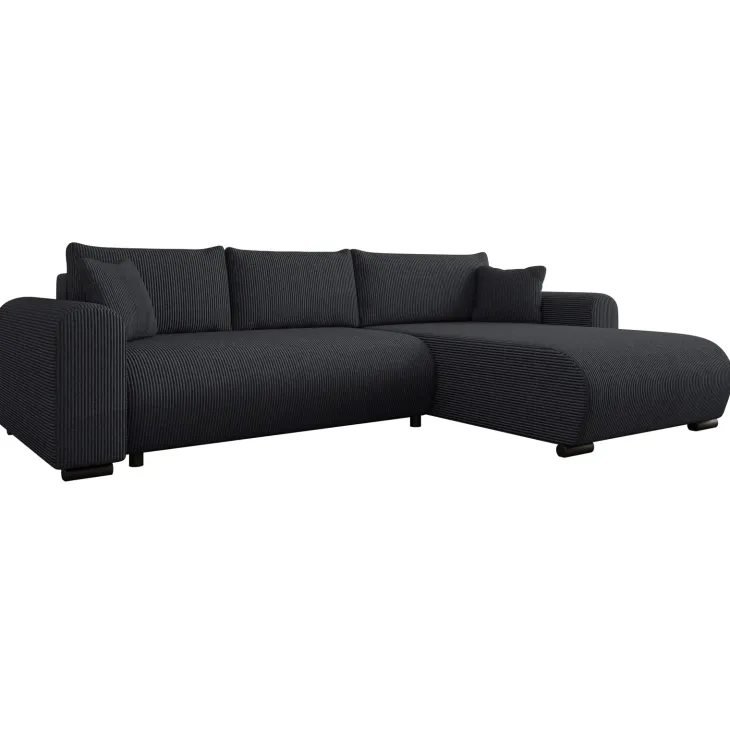 Divano letto angolare reversibile 4 posti 285x188cm con contenitore tessuto velluto a coste nero Soft