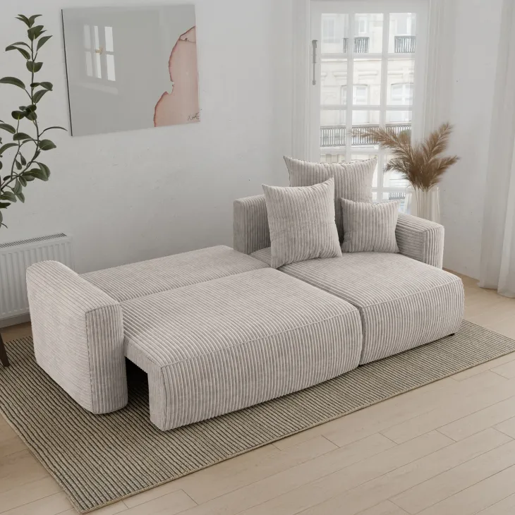 Divano letto angolare reversibile 238x142cm velluto a coste beige Scintilla