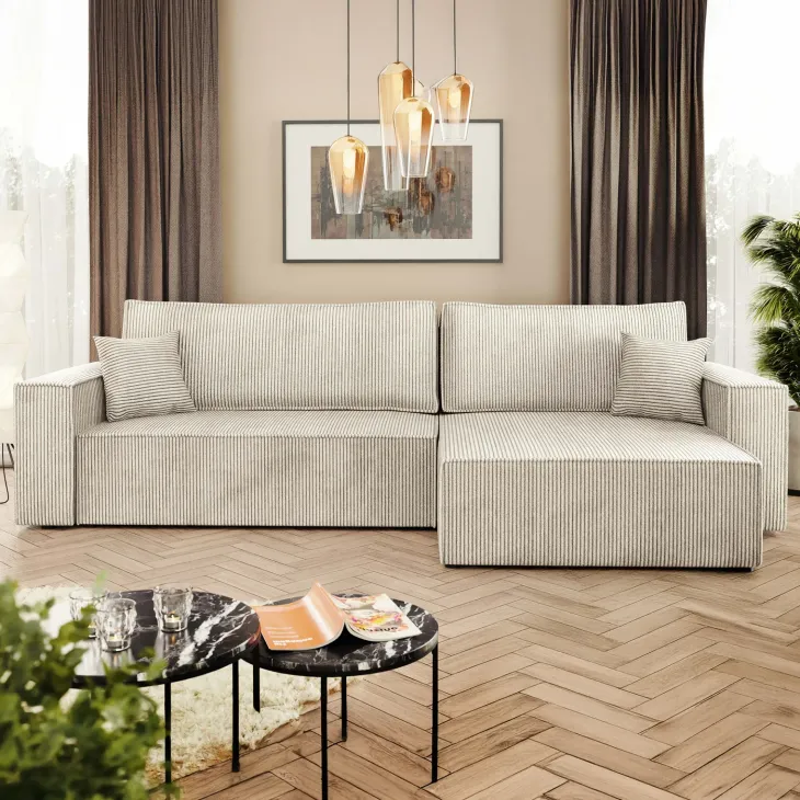 Divano letto angolare reversibile 4 posti 272x145cm con box contenitore velluto a coste beige Ploffy
