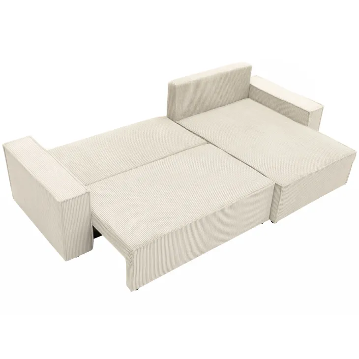 Divano letto angolare reversibile 4 posti 272x145cm con box contenitore velluto a coste beige Ploffy