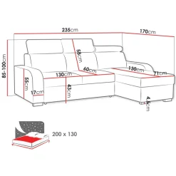 Divano letto angolare reversibile 3 posti 235x170cm con box contenitore grigio Tebro