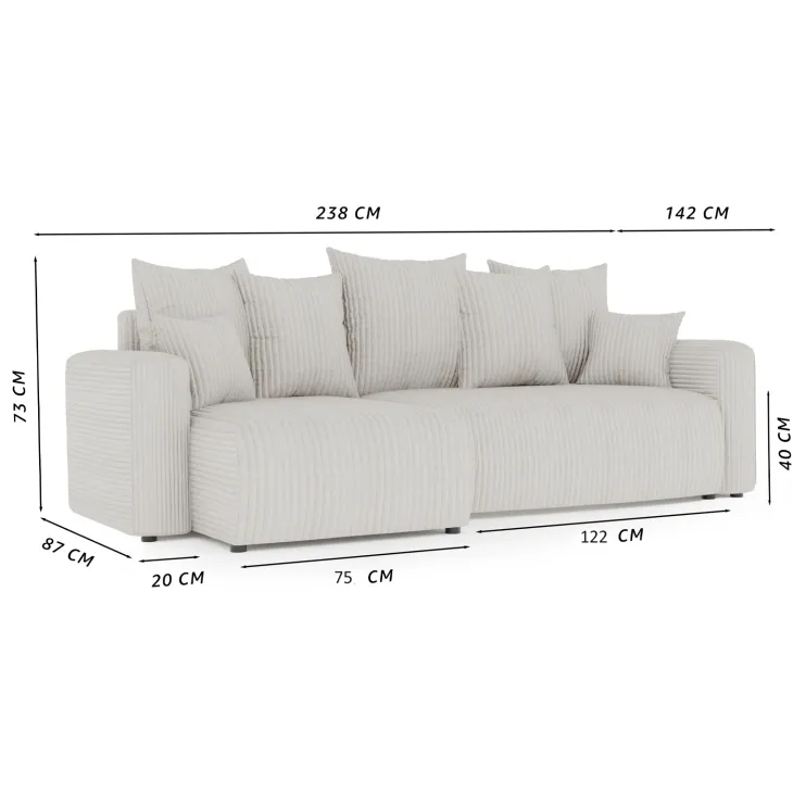Divano letto angolare reversibile 238x142cm velluto a coste grigio chiaro Scintilla