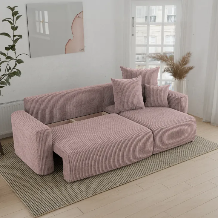 Divano letto angolare reversibile 238x142cm velluto a coste rosa antico Scintilla