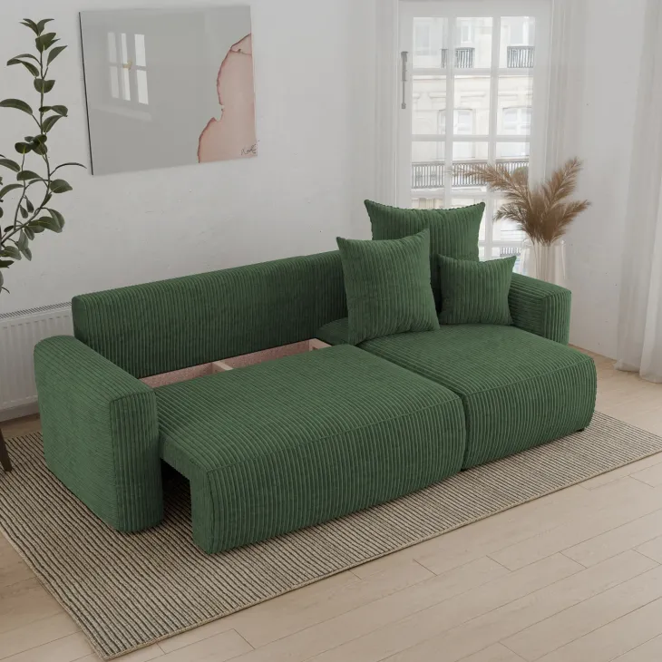 Divano letto angolare reversibile 238x142cm velluto a coste verde scuro Scintilla