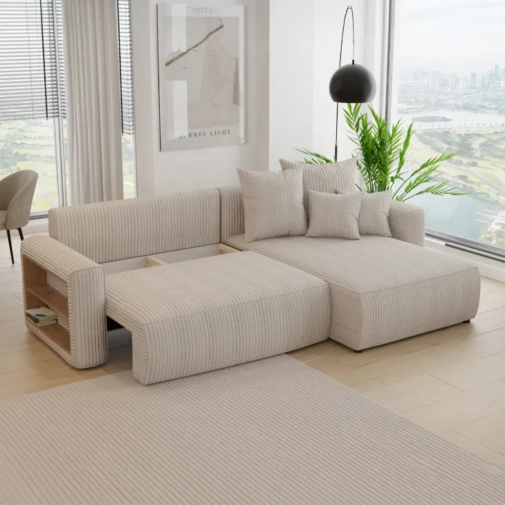 Divano letto angolare reversibile 260x160cm velluto a coste con libreria a sinistra beige Mistery