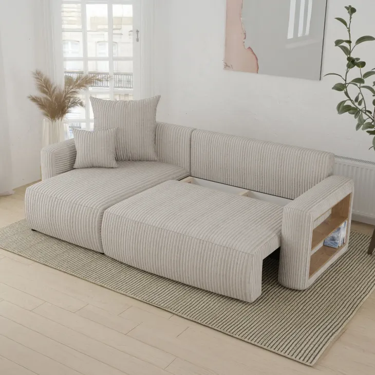 Divano letto angolare reversibile 238x142cm velluto a coste con libreria a destra beige Mistery