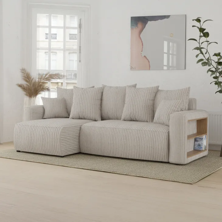 Divano letto angolare reversibile 238x142cm velluto a coste con libreria a destra beige Mistery
