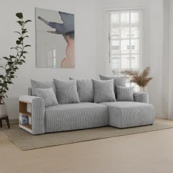 Divano letto angolare reversibile 238x142cm velluto a coste con libreria a sinistra grigio chiaro Mistery
