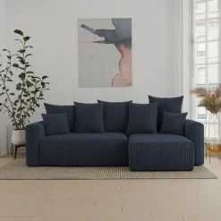 Divano letto angolare reversibile 238x142cm velluto a coste con libreria a sinistra nero Mistery