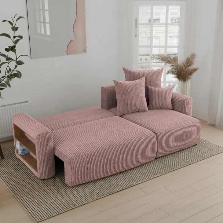Divano letto angolare reversibile 238x142cm velluto a coste con libreria a sinistra rosa antico Mistery