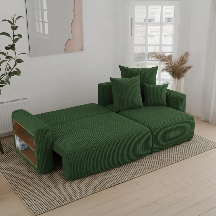 Divano letto angolare reversibile 238x142cm velluto a coste con libreria a sinistra verde scuro Mistery