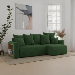 Divano letto angolare reversibile 238x142cm velluto a coste con libreria a sinistra verde scuro Mistery