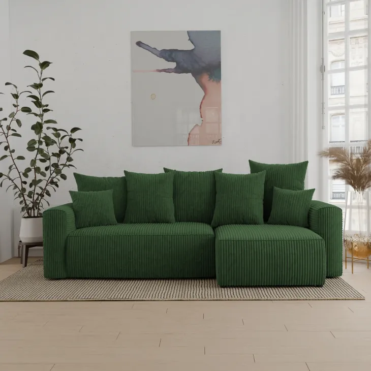 Divano letto angolare reversibile 238x142cm velluto a coste con libreria a sinistra verde scuro Mistery