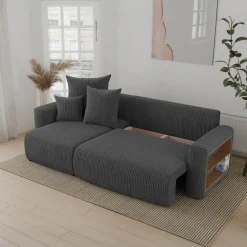 Divano letto angolare reversibile 238x142cm velluto a coste con libreria a destra antracite Mistery