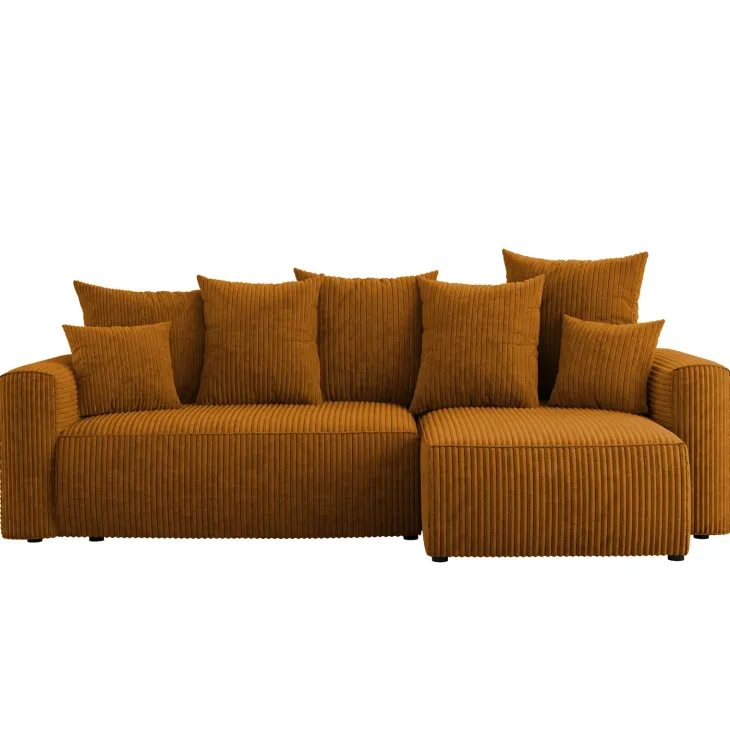Divano letto angolare reversibile 238x142cm velluto a coste con libreria a destra giallo senape Mistery