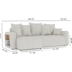 Divano letto angolare reversibile 238x142cm velluto a coste con libreria a destra grigio chiaro Mistery
