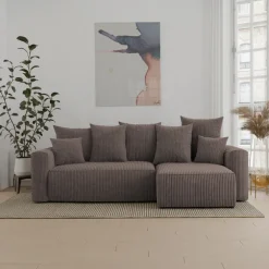 Divano letto angolare reversibile 238x142cm velluto a coste con libreria a destra marrone Mistery