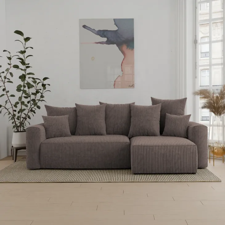 Divano letto angolare reversibile 238x142cm velluto a coste con libreria a destra marrone Mistery
