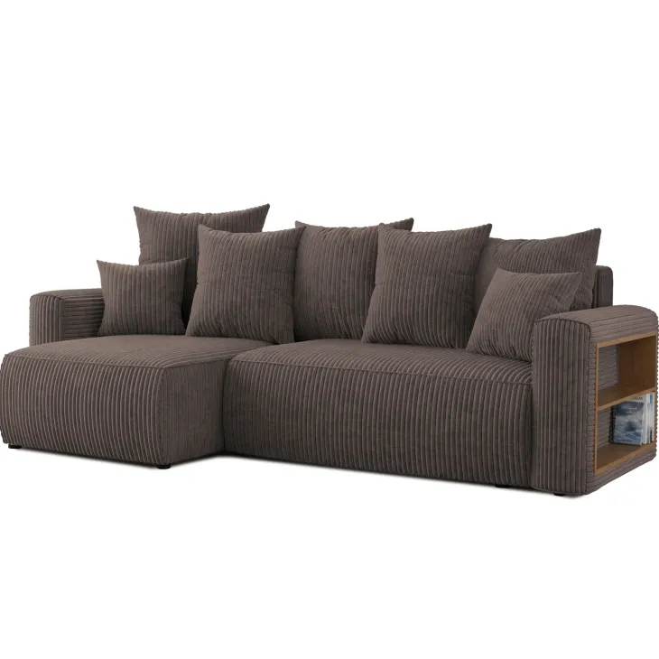 Divano letto angolare reversibile 238x142cm velluto a coste con libreria a destra marrone Mistery