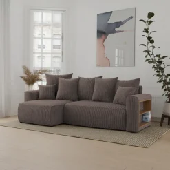 Divano letto angolare reversibile 238x142cm velluto a coste con libreria a destra marrone Mistery