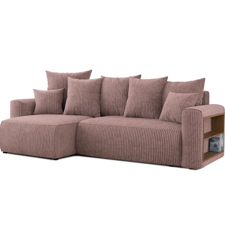 Divano letto angolare reversibile 238x142cm velluto a coste con libreria a destra rosa antico Mistery